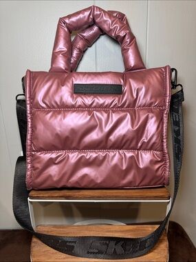 Skechers Metallic Mauve Puffer Crossbody Bag Branded Black Adjustable Strap NWOT